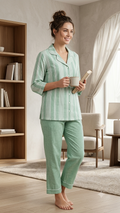 Sage Stripe Notched Collar Lawn Loungewear Set