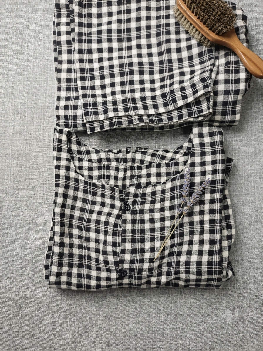 Black & White Gingham Lawn Loungewear Set For Women
