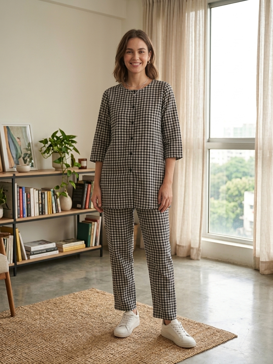 Black & White Gingham Lawn Loungewear Set For Women