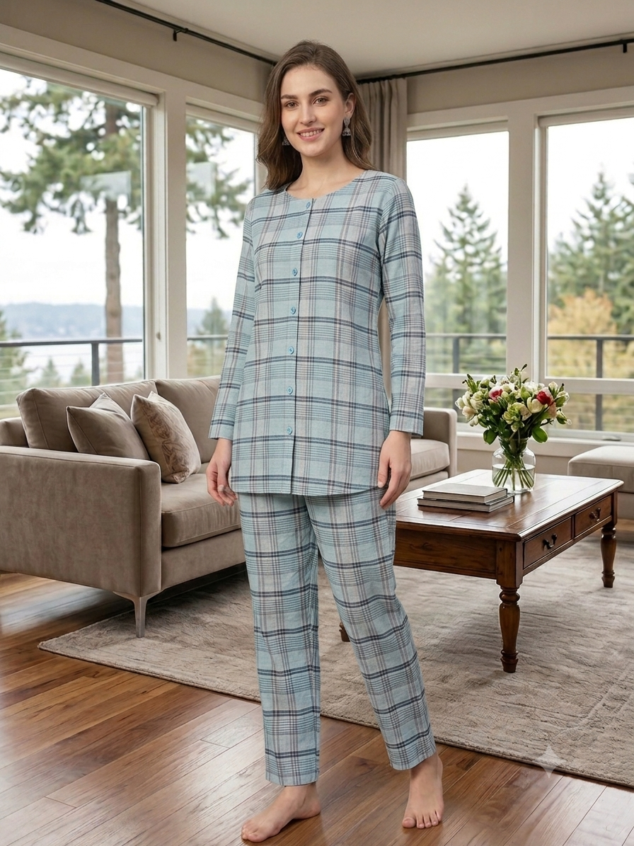 Sky Blue Checkered Lawn Home Wear Set