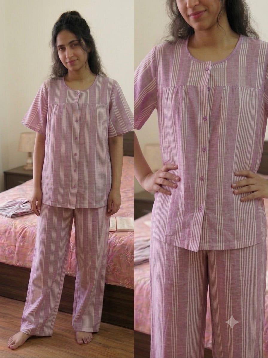 Lilac Striped soft Cotton Lawn Nightwear 2 Piece Set - Short Sleeve Button Down Sleepwear