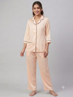 Peach Satin Silk Pajama Set for Women - 3/4 Sleeve Nightwear with Piping