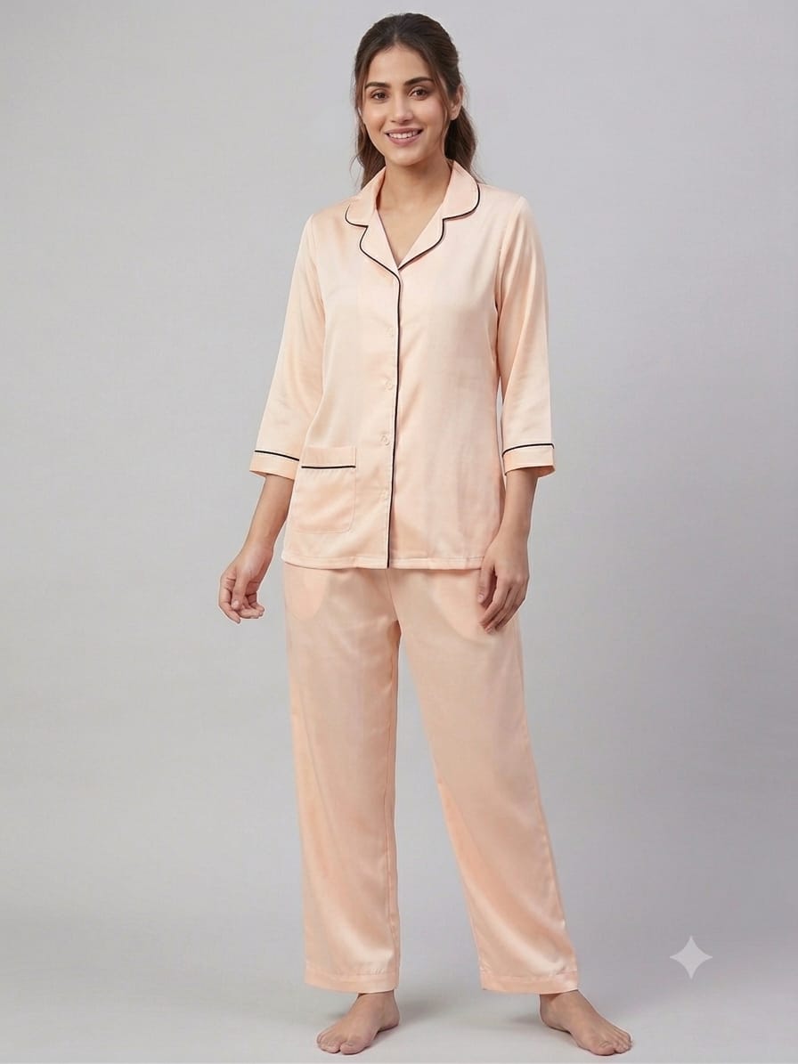 Peach Satin Silk Pajama Set for Women - 3/4 Sleeve Nightwear with Piping