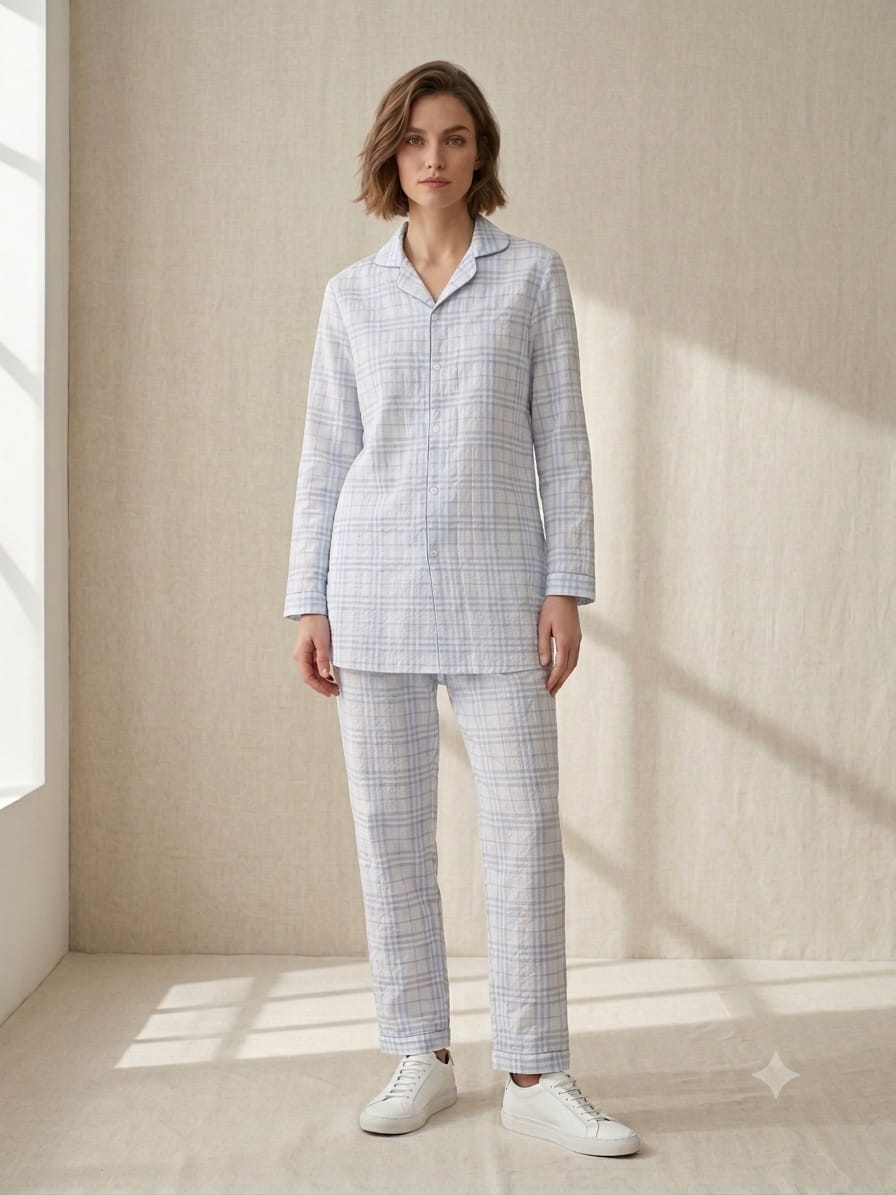 Sky Blue Checkered Cotton Lawn Pajama Set - Full Sleeve Notch Collar Nightwear
