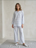 Sky Blue Checkered Cotton Lawn Henley Pajama Set - Full Sleeve Nightwear