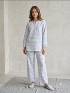 Sky Blue Checkered Cotton Lawn Henley Pajama Set - Full Sleeve Nightwear