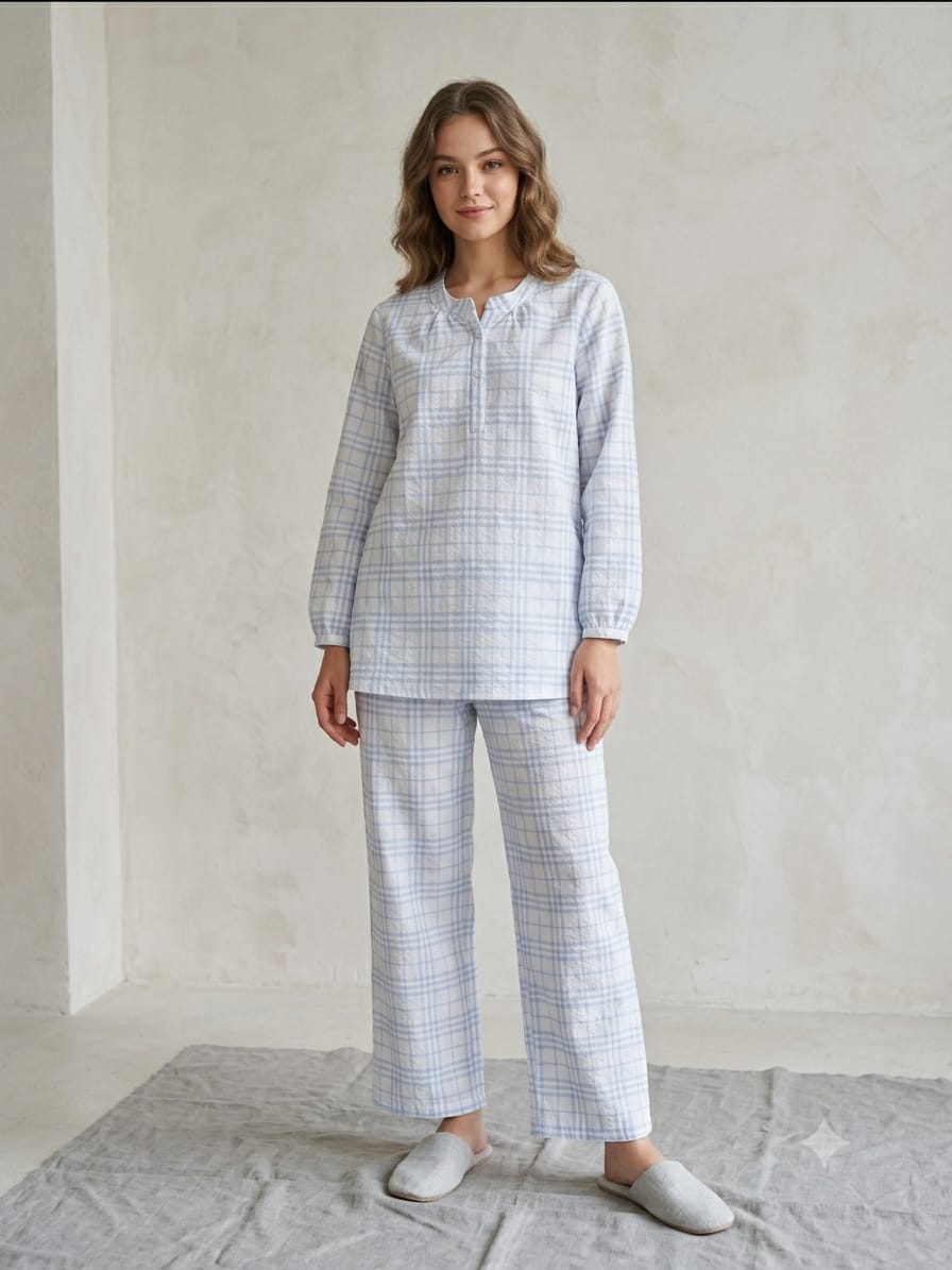 Sky Blue Checkered Cotton Lawn Henley Pajama Set - Full Sleeve Nightwear