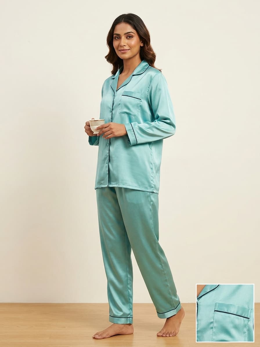 Women's Satin Silk Pajama set-Long Sleeves Mint Green