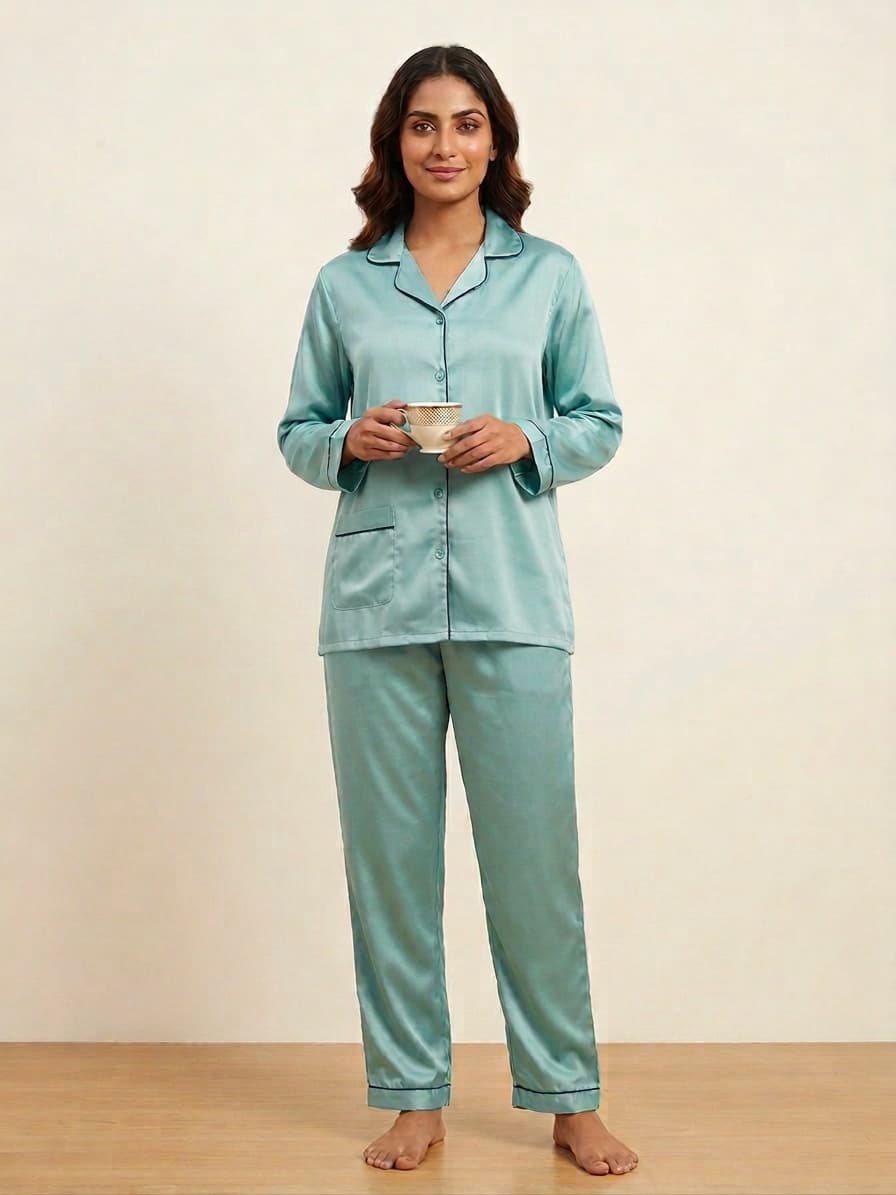Women's Satin Silk Pajama set-Long Sleeves Mint Green