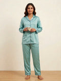 Women's Satin Silk Pajama set-Long Sleeves Mint Green