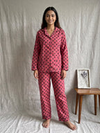 Women's Pink Polka Dot silk Pajama Set - Long Sleeve