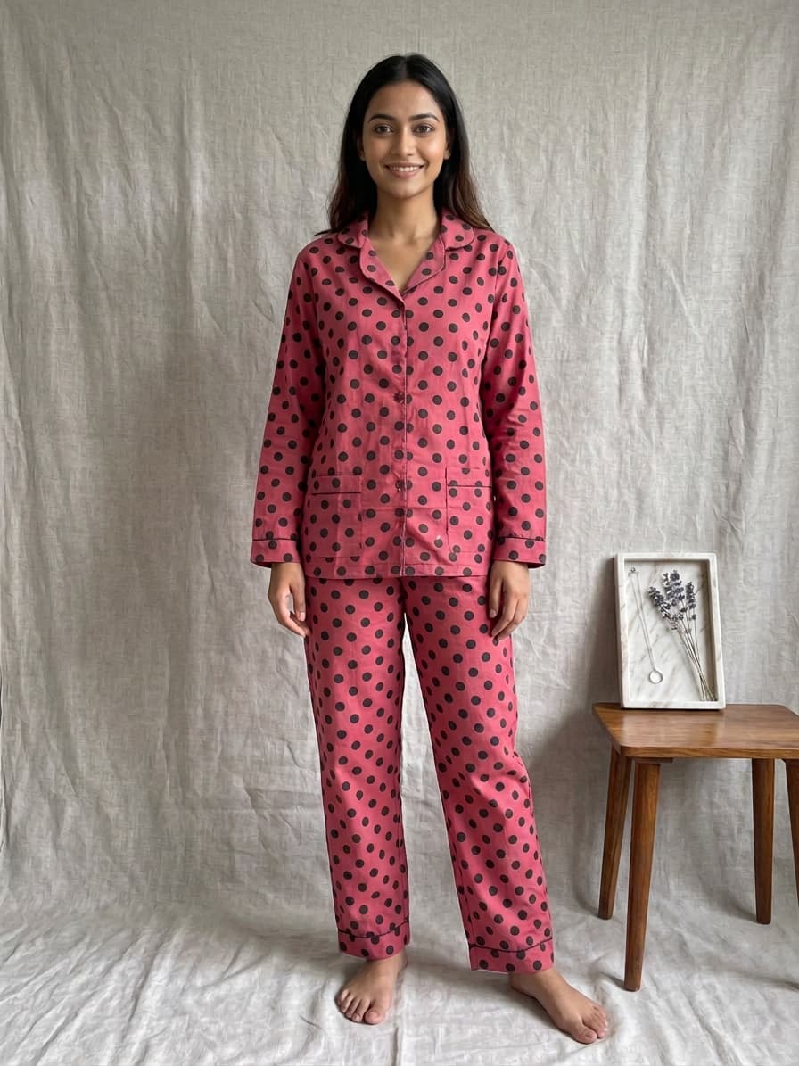 Women's Pink Polka Dot silk Pajama Set - Long Sleeve