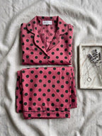 Women's Pink Polka Dot silk Pajama Set - Long Sleeve