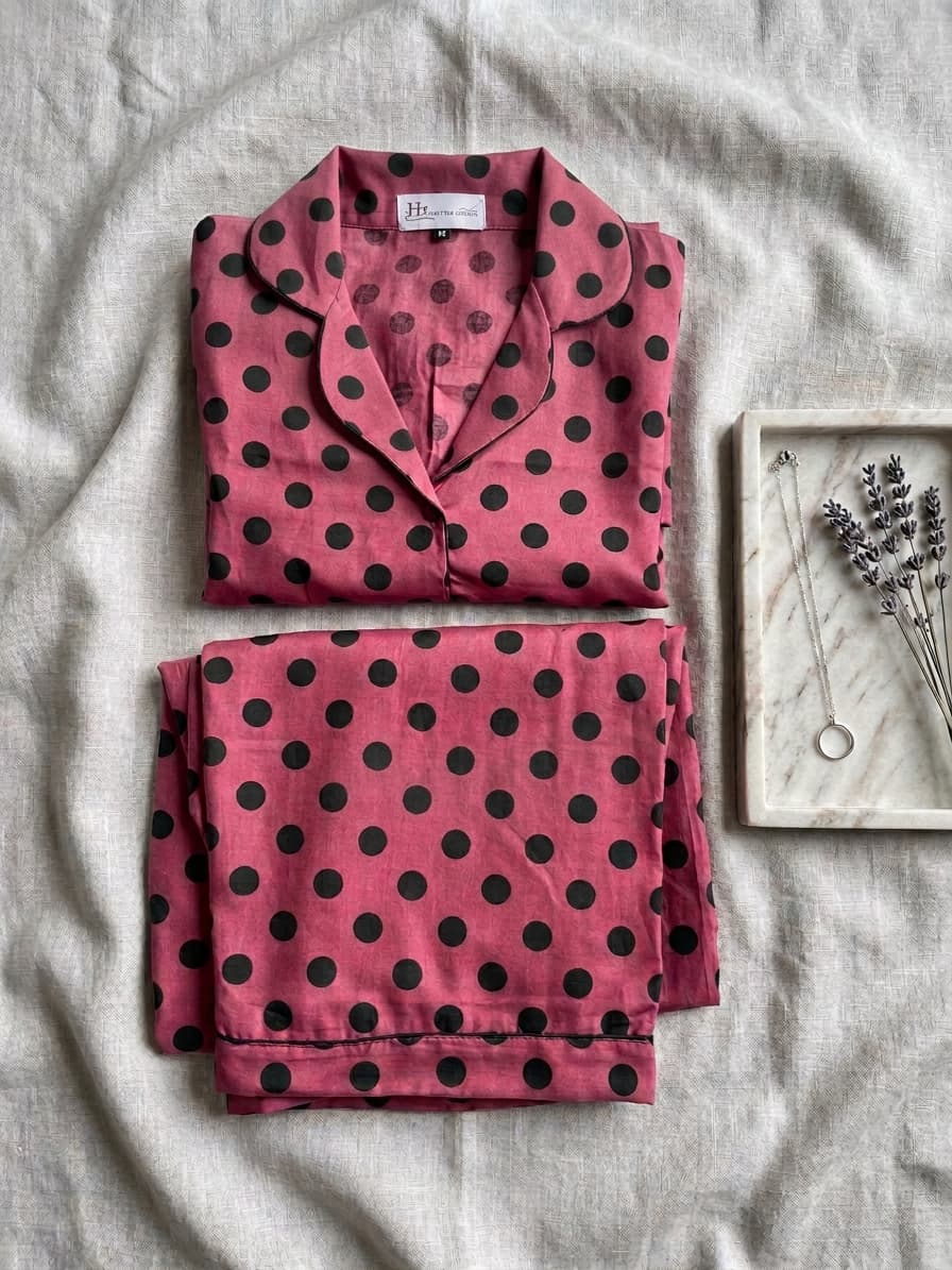 Women's Pink Polka Dot silk Pajama Set - Long Sleeve