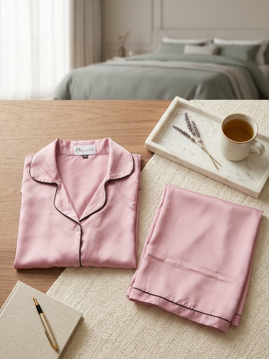 Women's Satin Silk Pajama Set - Long Sleeve Pink