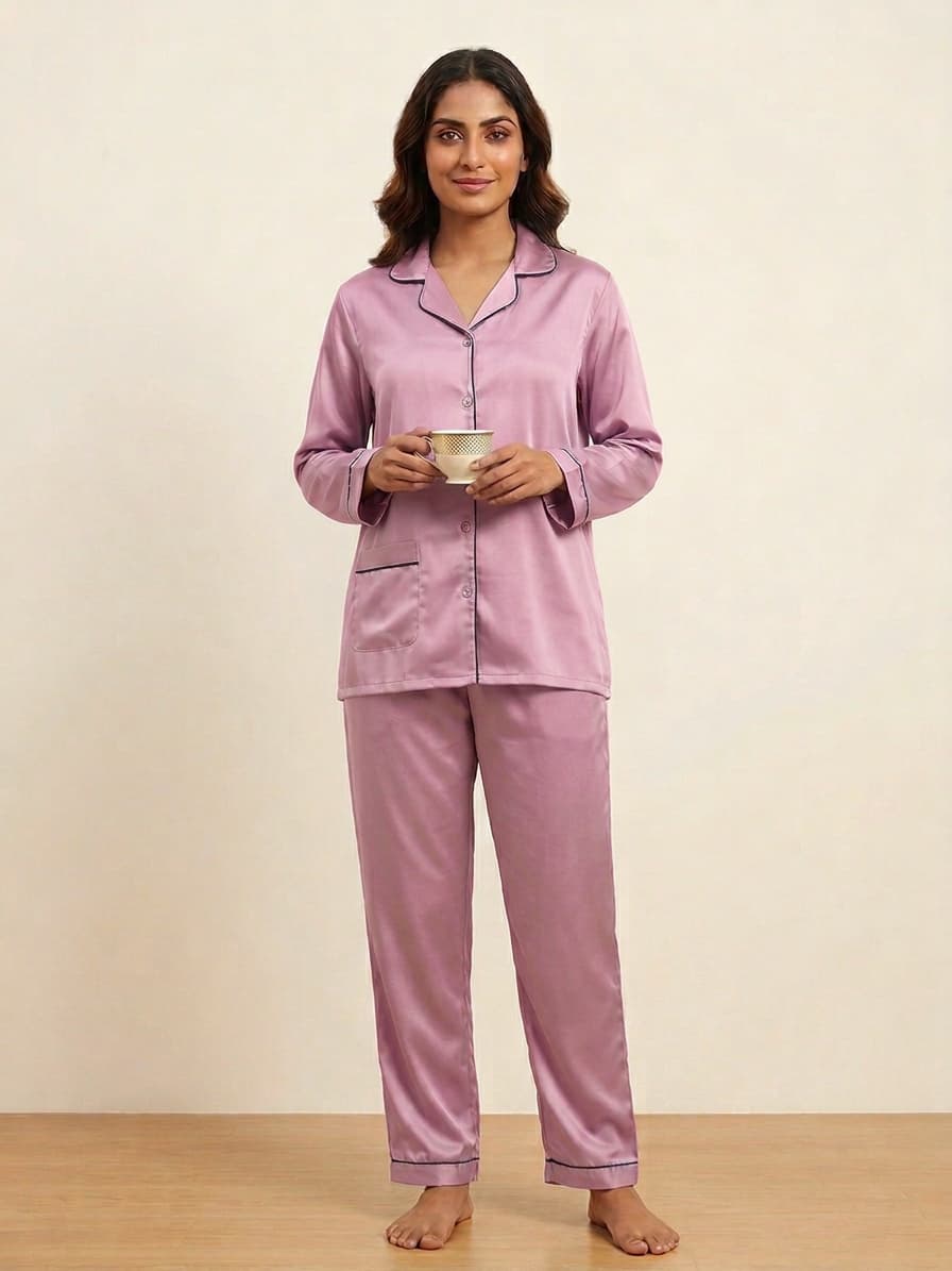 Women's Satin Silk Pajama Set - Long Sleeve Pink