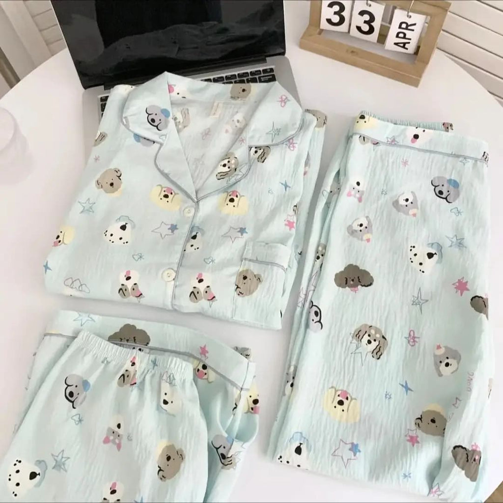 Teddy Bear Dream 3-Piece Cotton Pajama Set | Short Sleeve Shirt, Shorts & Trousers