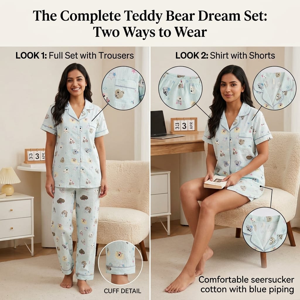 Teddy Bear Dream 3-Piece Cotton Pajama Set | Short Sleeve Shirt, Shorts & Trousers