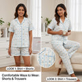 Women’s 3-Piece Blue Striped Teddy Bear Pajama Set – Seersucker Cotton Short Sleeve Top with Shorts & Trousers