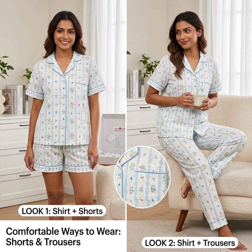 Women’s 3-Piece Blue Striped Teddy Bear Pajama Set – Seersucker Cotton Short Sleeve Top with Shorts & Trousers