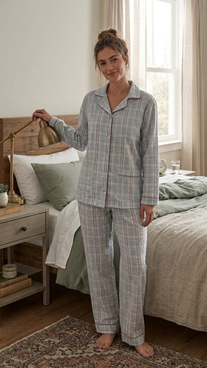 Women’s Long Sleeve Plaid Pajama Set – Classic Check Button-Down Shirt & Full-Length Trousers Loungewear
