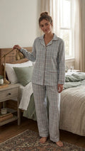 Women’s Long Sleeve Plaid Pajama Set – Classic Check Button-Down Shirt & Full-Length Trousers Loungewear