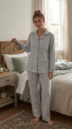 Women’s Long Sleeve Plaid Pajama Set – Classic Check Button-Down Shirt & Full-Length Trousers Loungewear