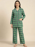 Green Checkered Cotton Pajama Set for Women - Soft Button Down Night Suit