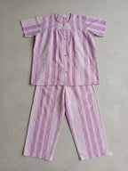 Lilac Striped soft Cotton Lawn Nightwear 2 Piece Set - Short Sleeve Button Down Sleepwear