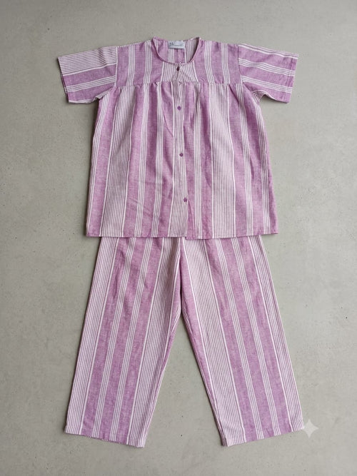 Lilac Striped soft Cotton Lawn Nightwear 2 Piece Set - Short Sleeve Button Down Sleepwear