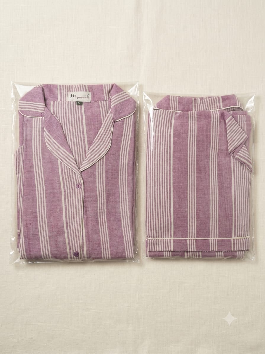 Dusty Pink Striped Cotton Lawn Pajama Set - Full Sleeve Collar Nightwear with Pocket