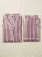 Dusty Pink Striped Cotton Lawn Pajama Set - Full Sleeve Collar Nightwear with Pocket