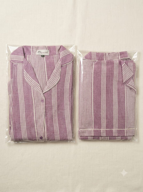 Dusty Pink Striped Cotton Lawn Pajama Set - Full Sleeve Collar Nightwear with Pocket