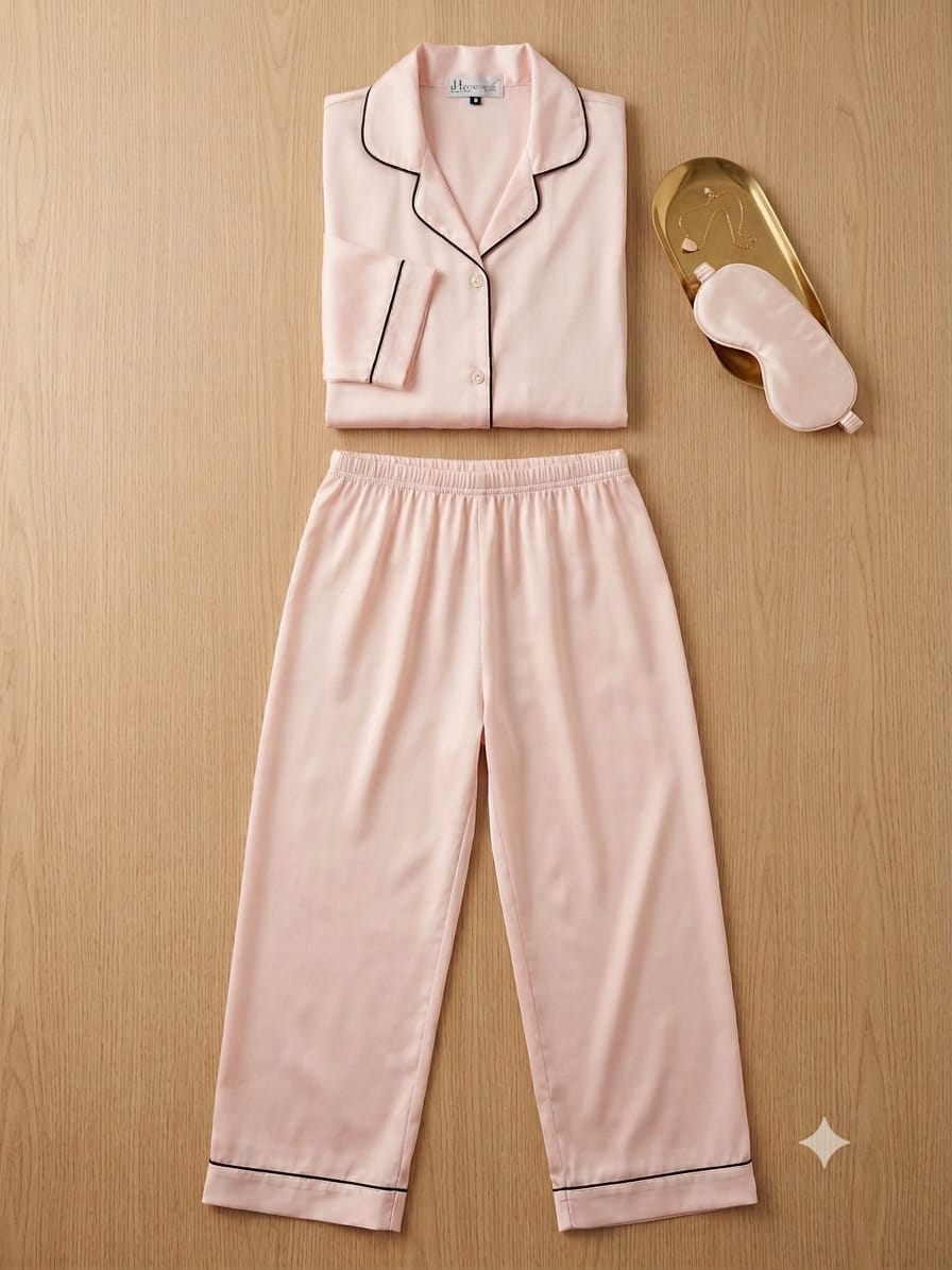 Peach Satin Silk Pajama Set for Women - 3/4 Sleeve Nightwear with Piping