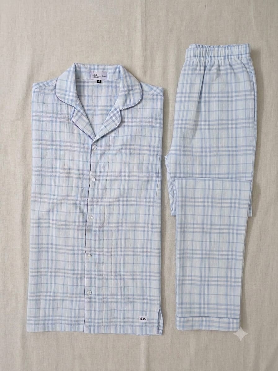Sky Blue Checkered Cotton Lawn Pajama Set - Full Sleeve Notch Collar Nightwear