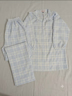 Sky Blue Checkered Cotton Lawn Henley Pajama Set - Full Sleeve Nightwear