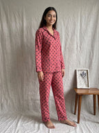 Women's Pink Polka Dot silk Pajama Set - Long Sleeve