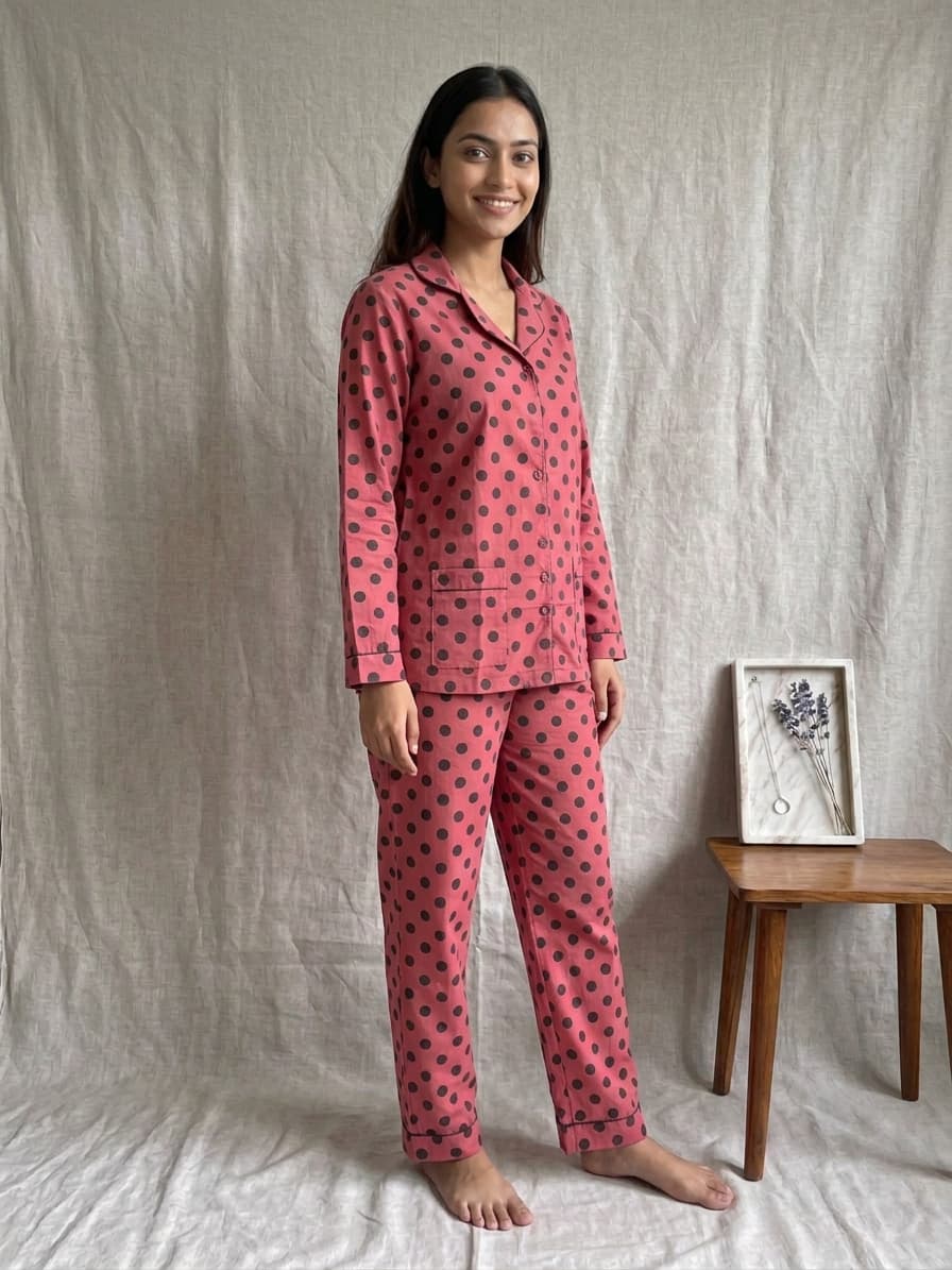 Women's Pink Polka Dot silk Pajama Set - Long Sleeve