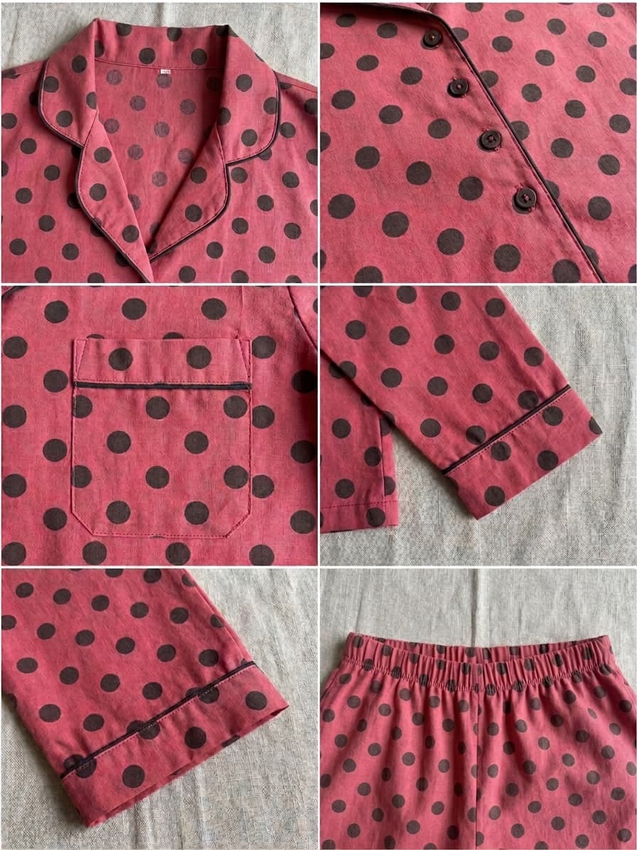 Women's Pink Polka Dot silk Pajama Set - Long Sleeve