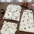 Women’s 3-Piece Heart Print Pajama Set – Short Sleeve Lapel Button-Down Shirt with Matching Trousers & Shorts Loungewear