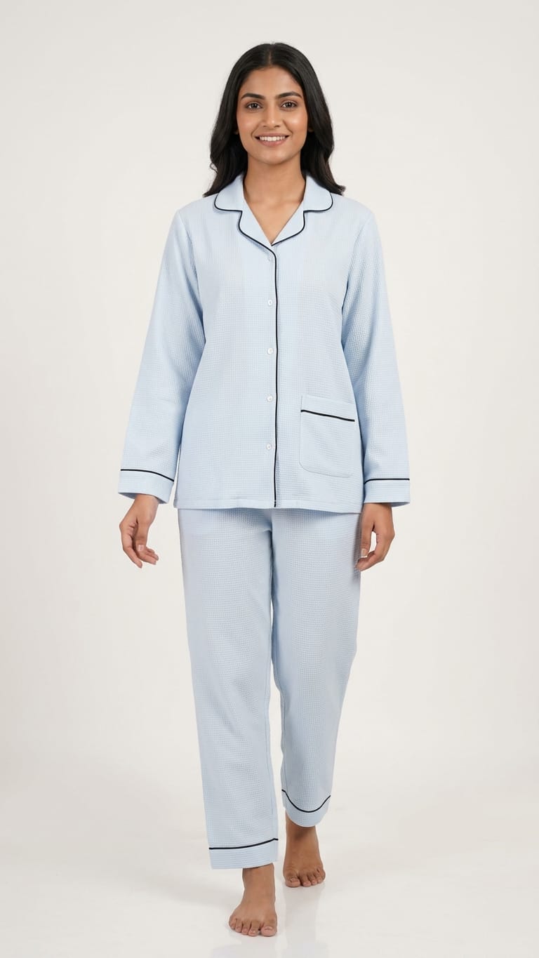 Soft Textured Contrast Piping Nightwear Set
